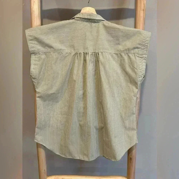 Vintage Linnay stripe boxy cap sleeve button down blouse pockets cream/white - Picture 4 of 10